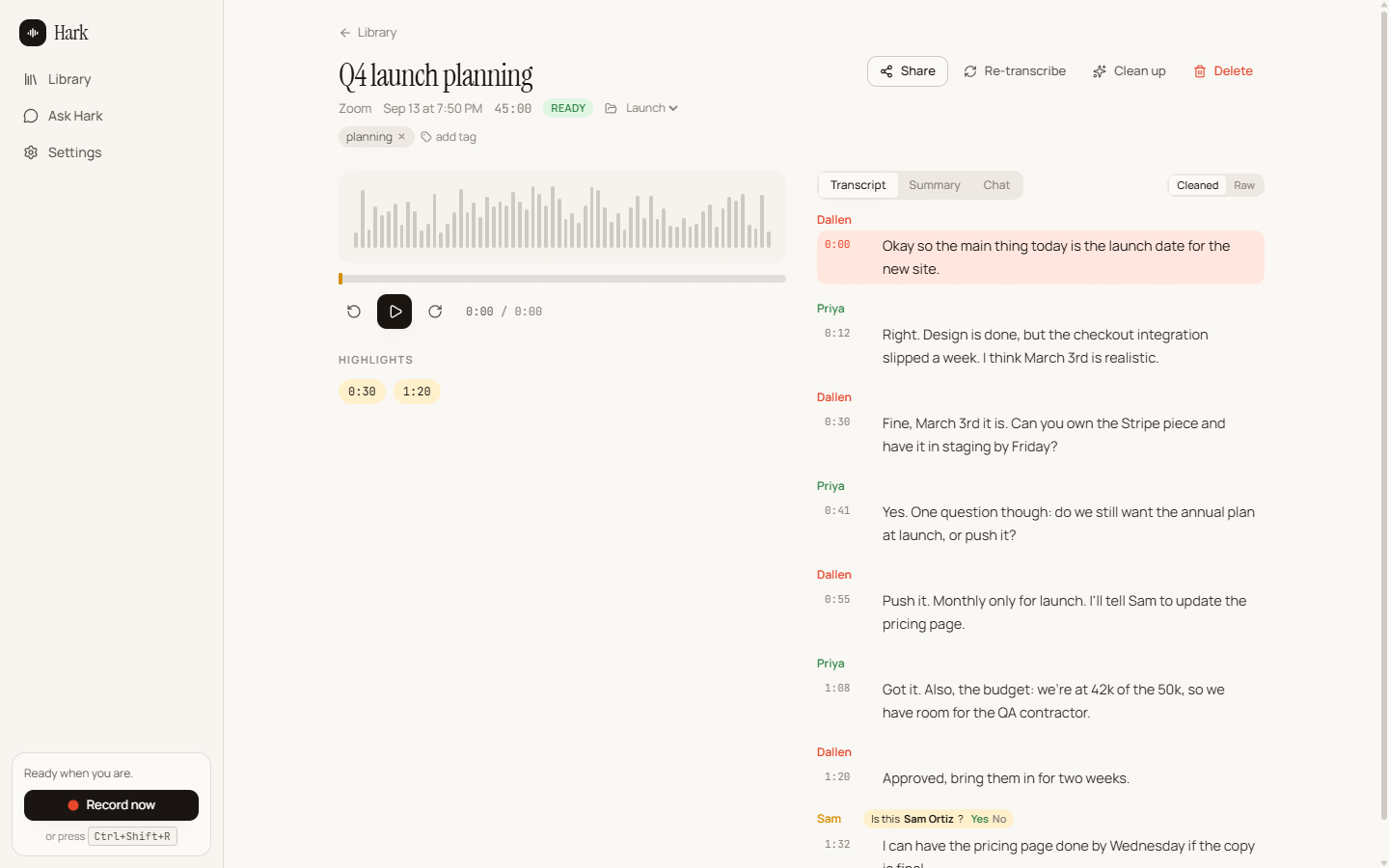 Hark meeting page: player, speaker-labelled transcript, summary and chat tabs